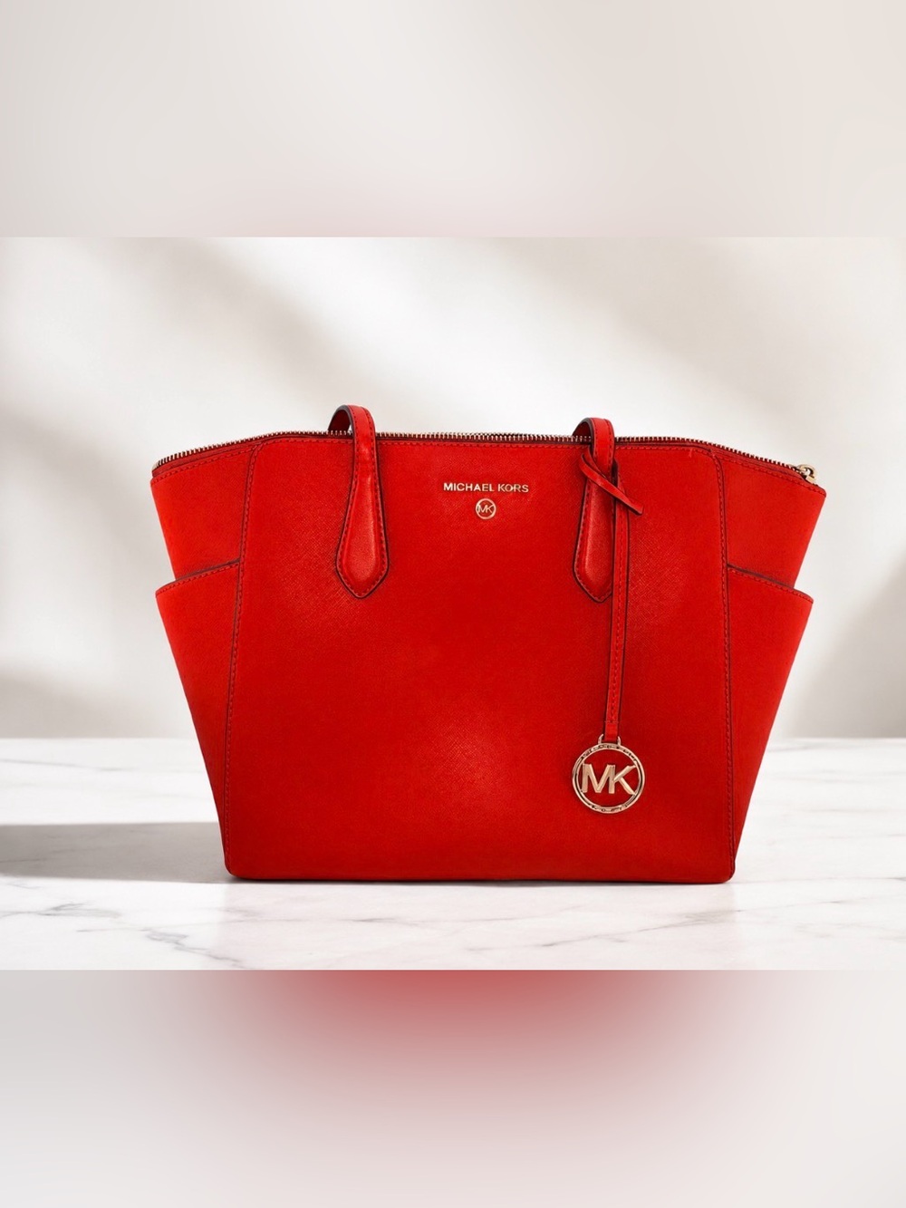 Michael Kors Marilyn Medium Saffiano Leather Tote Bag Crimson / Orange purse